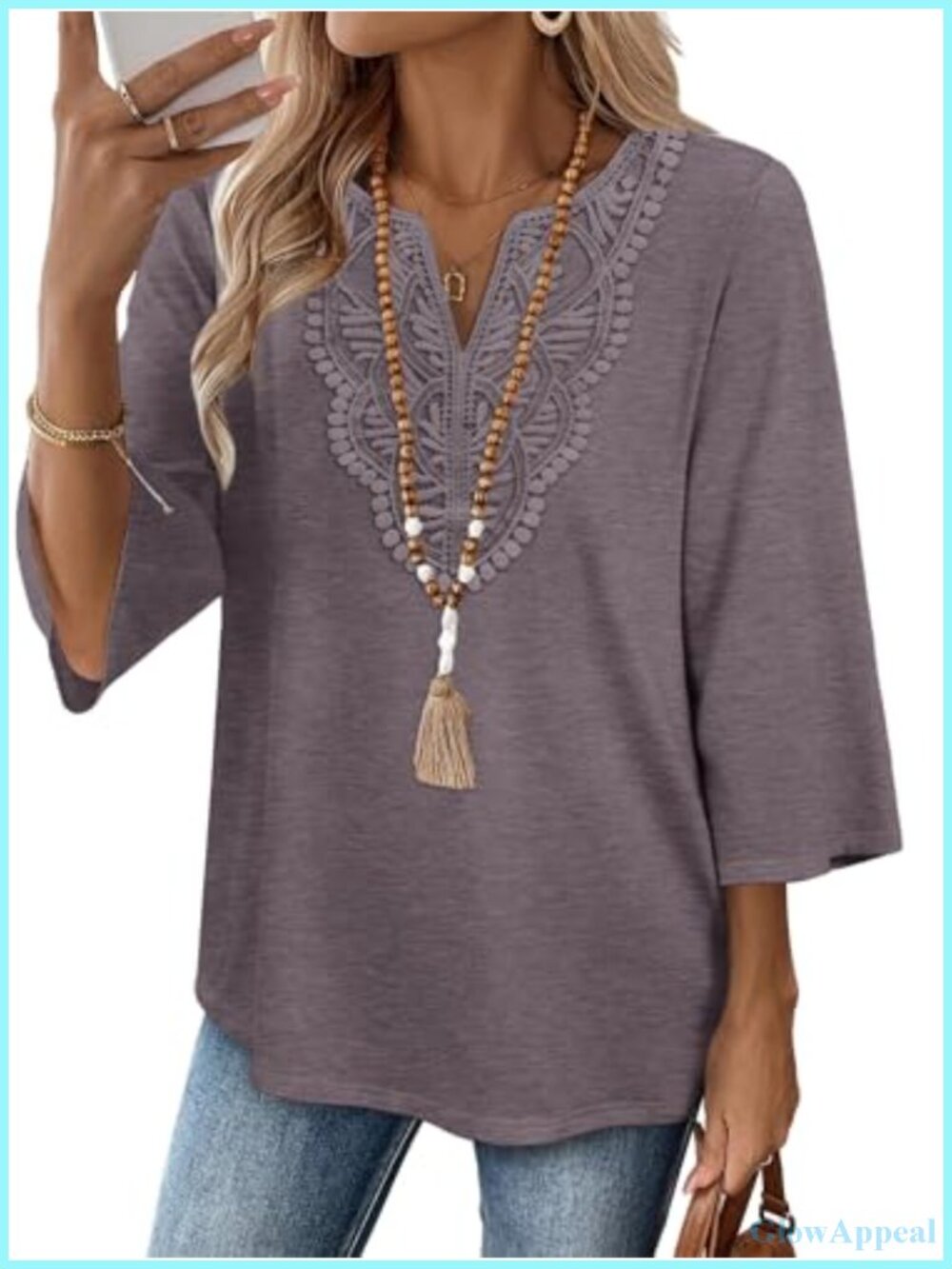 Womens Lace 3/4 Sleeve V Neck Tunic Blouse Boho Casual Top